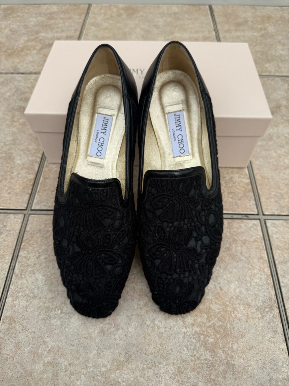 Jimmy Choo Wheel  Black Floral Lace Slip-Ons Shoes